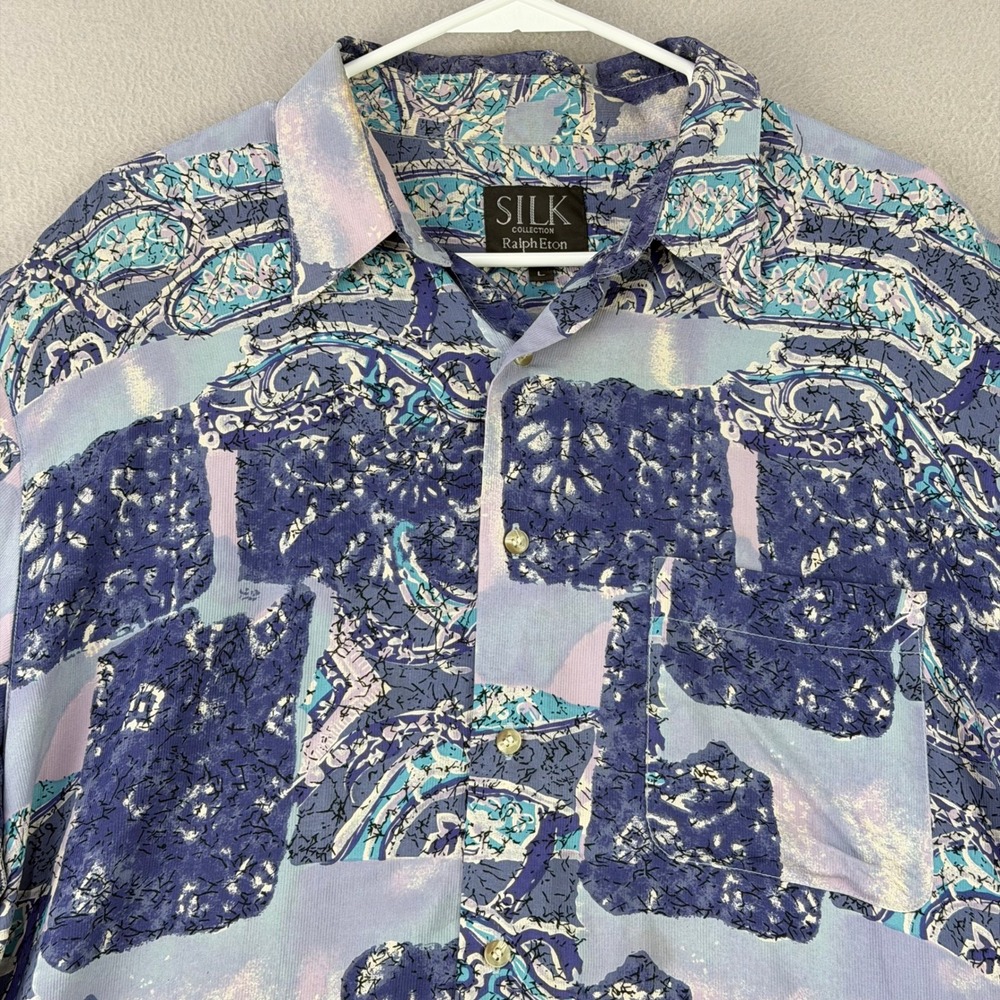 VTG Ralph Eton Silk Shirt Mens L Blue Abstract Paisley Short Sleeve L Button Up